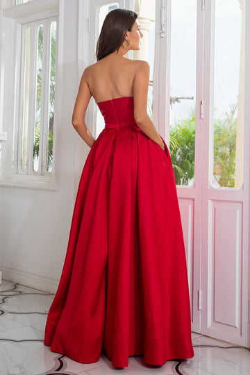 A Line Strapless Red Long Ball Dress with Split Front